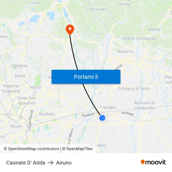 Casirate D' Adda to Airuno map