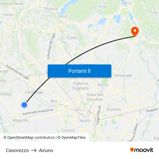 Casorezzo to Airuno map