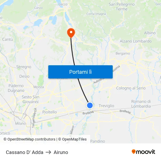 Cassano D' Adda to Airuno map