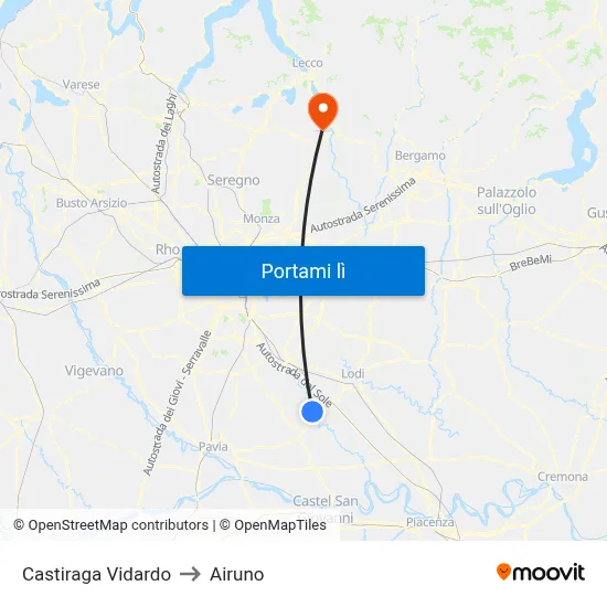 Castiraga Vidardo to Airuno map