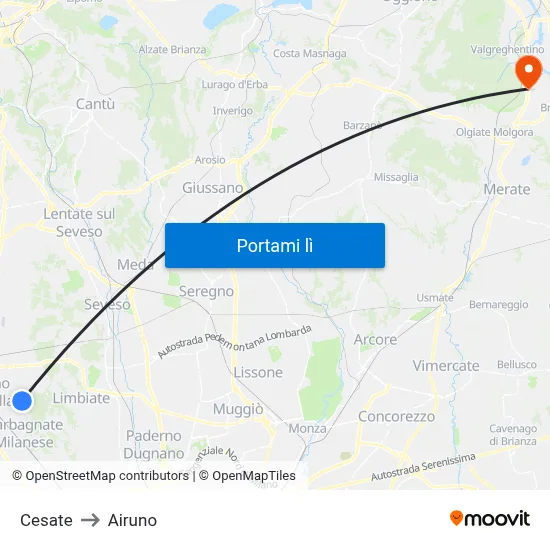 Cesate to Airuno map