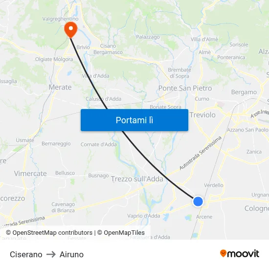 Ciserano to Airuno map