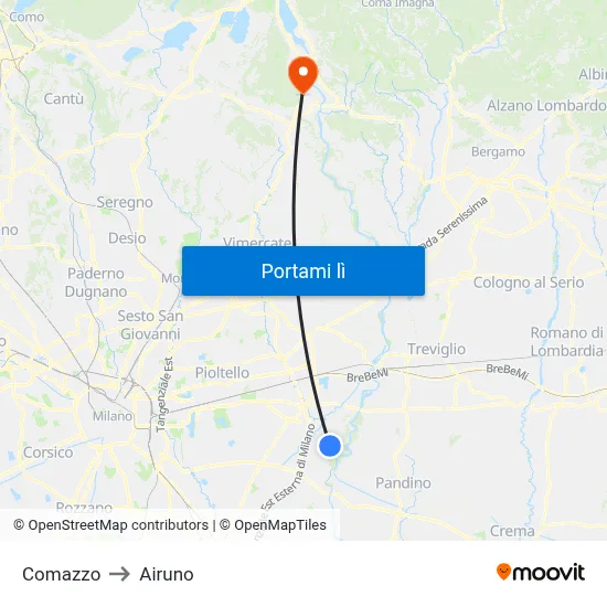 Comazzo to Airuno map