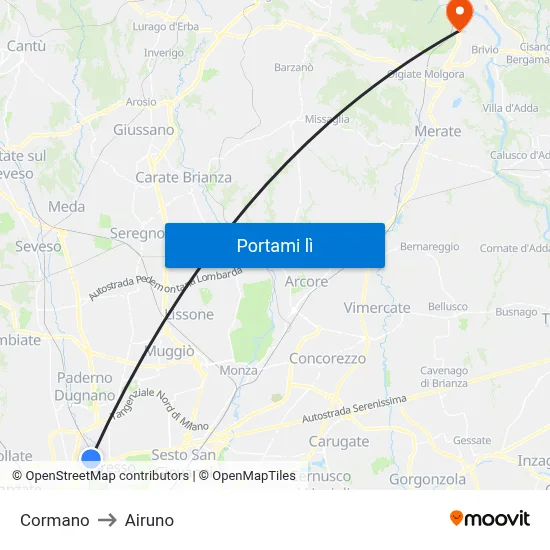 Cormano to Airuno map
