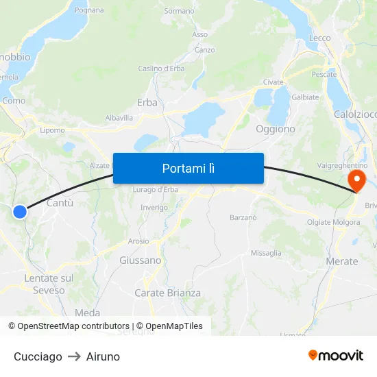 Cucciago to Airuno map