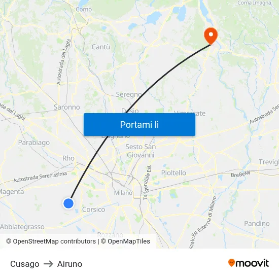 Cusago to Airuno map