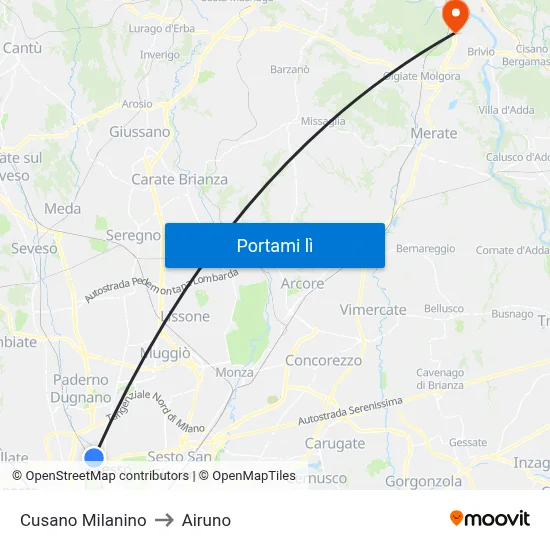 Cusano Milanino to Airuno map