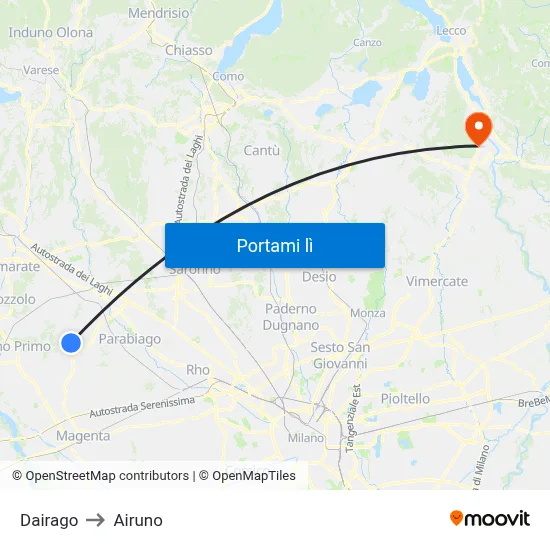 Dairago to Airuno map