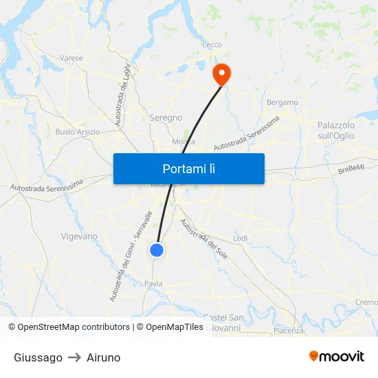 Giussago to Airuno map