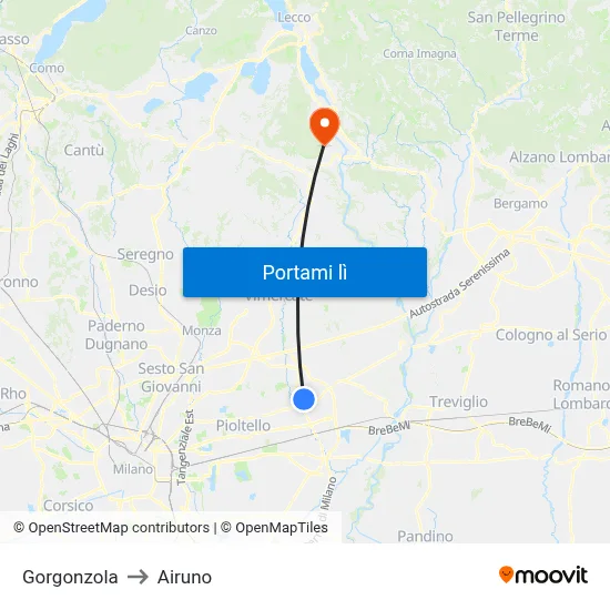 Gorgonzola to Airuno map