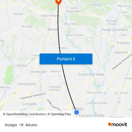 Inzago to Airuno map