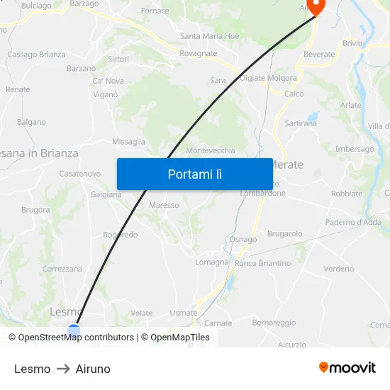 Lesmo to Airuno map