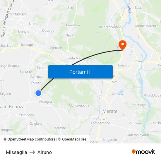 Missaglia to Airuno map