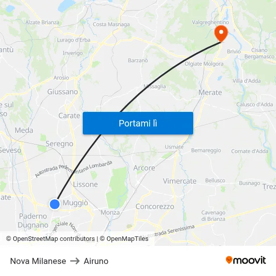 Nova Milanese to Airuno map