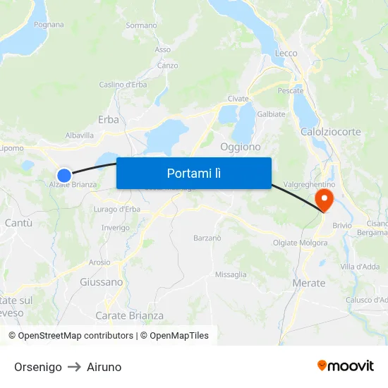 Orsenigo to Airuno map