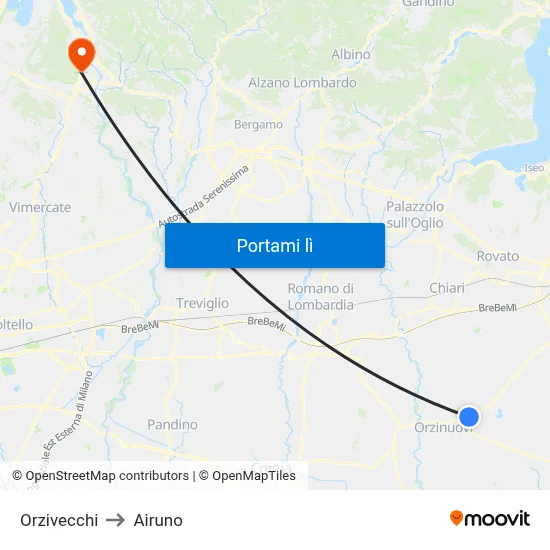 Orzivecchi to Airuno map