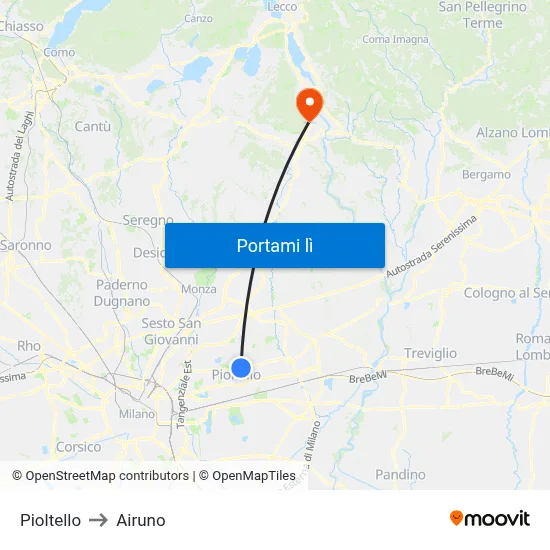 Pioltello to Airuno map