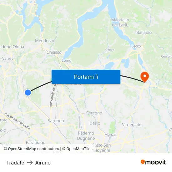 Tradate to Airuno map
