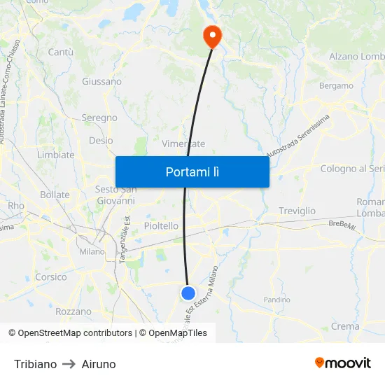 Tribiano to Airuno map