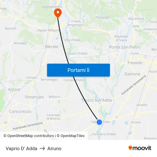 Vaprio D' Adda to Airuno map