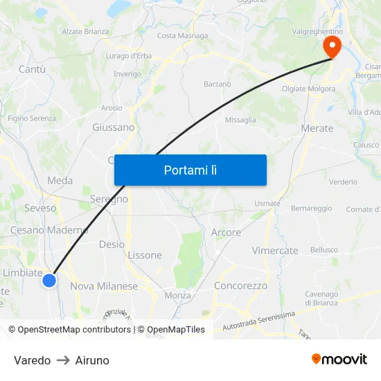 Varedo to Airuno map