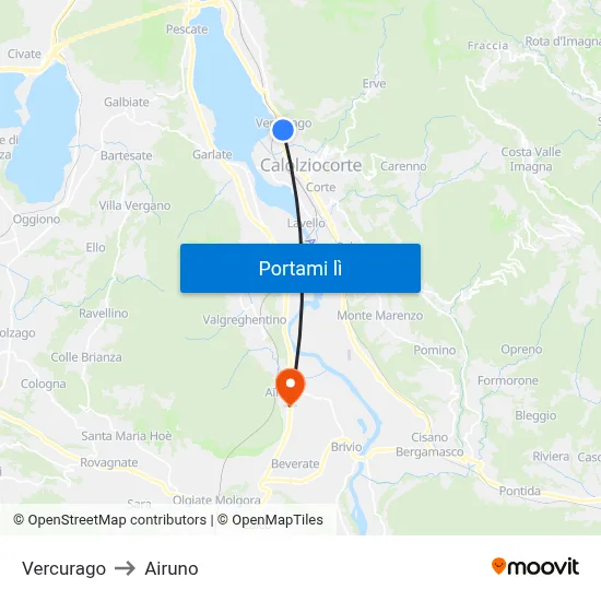 Vercurago to Airuno map