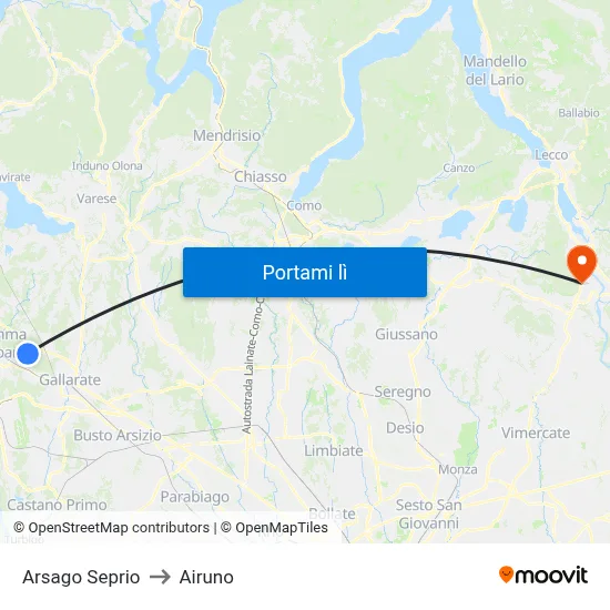 Arsago Seprio to Airuno map