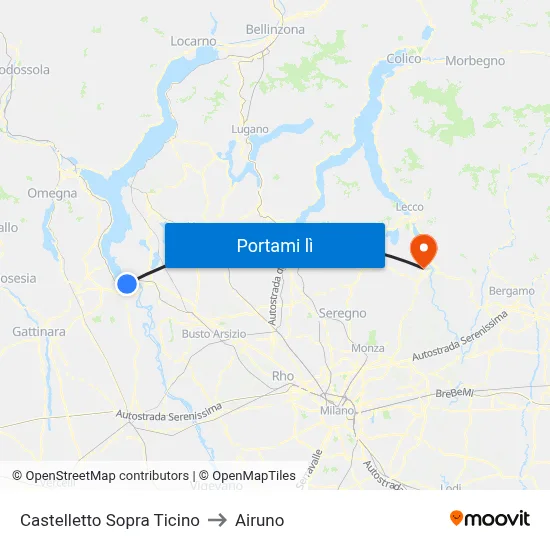 Castelletto Sopra Ticino to Airuno map