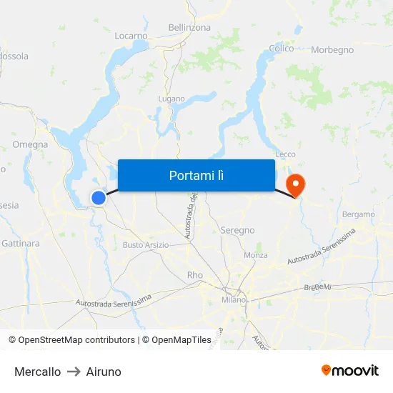 Mercallo to Airuno map