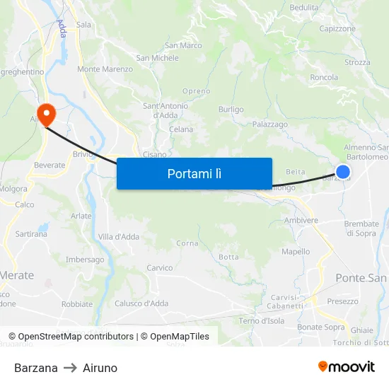 Barzana to Airuno map