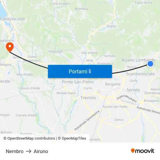 Nembro to Airuno map