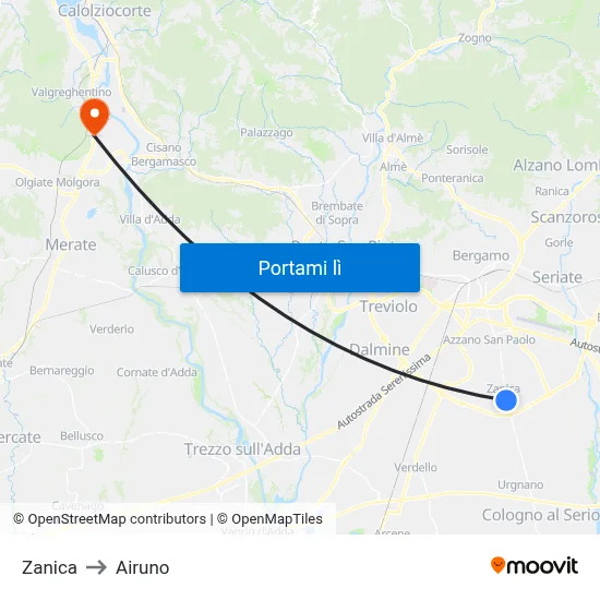 Zanica to Airuno map