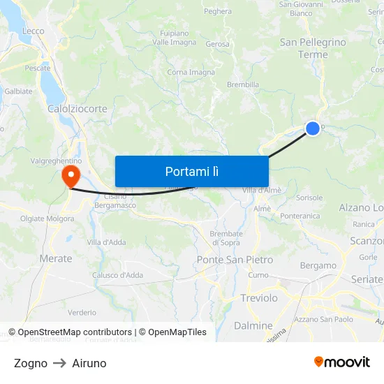 Zogno to Airuno map