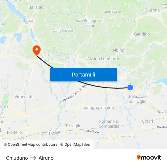 Chiuduno to Airuno map