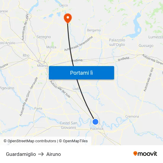 Guardamiglio to Airuno map