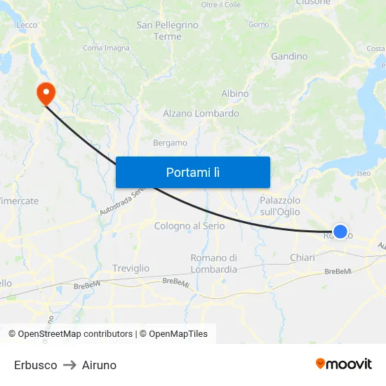 Erbusco to Airuno map