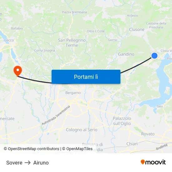 Sovere to Airuno map