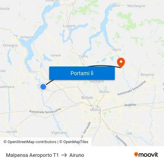 Malpensa Aeroporto T1 to Airuno map