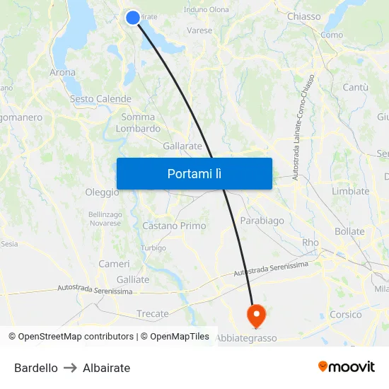 Bardello to Albairate map