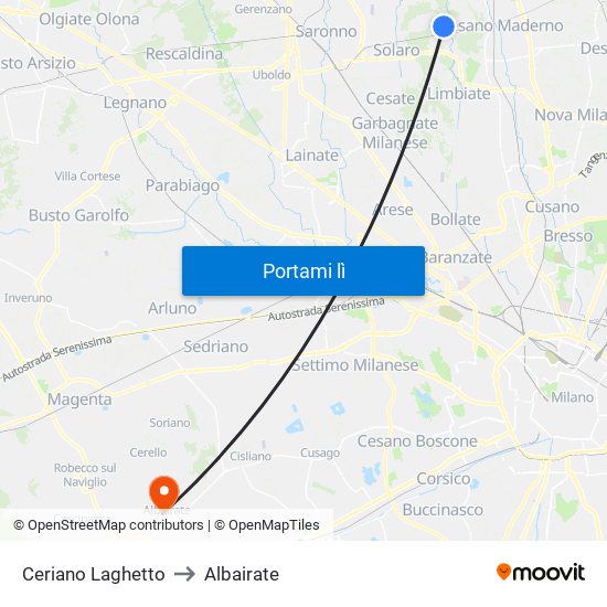 Ceriano Laghetto to Albairate map