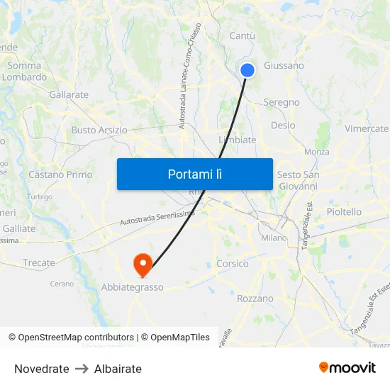 Novedrate to Albairate map