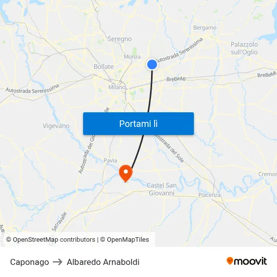 Caponago to Albaredo Arnaboldi map