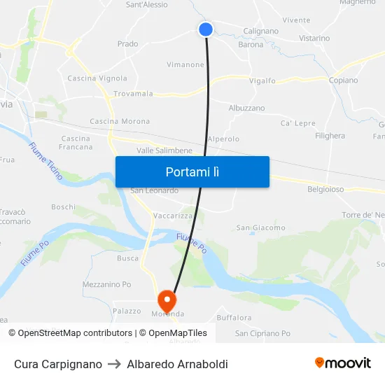 Cura Carpignano to Albaredo Arnaboldi map