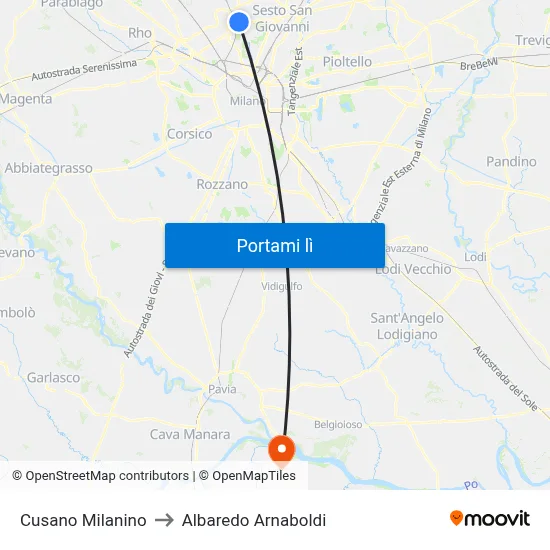 Cusano Milanino to Albaredo Arnaboldi map