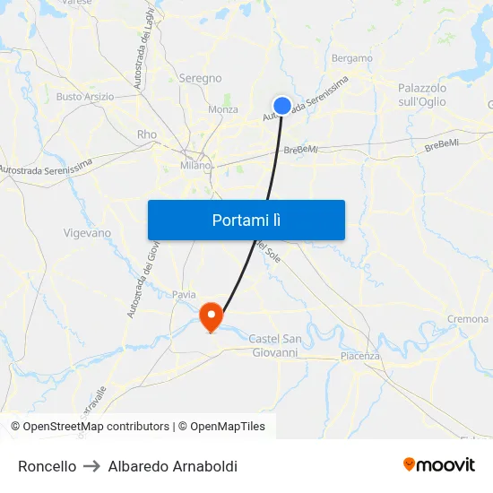Roncello to Albaredo Arnaboldi map