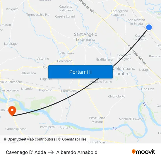 Cavenago D' Adda to Albaredo Arnaboldi map