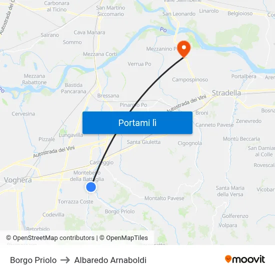 Borgo Priolo to Albaredo Arnaboldi map