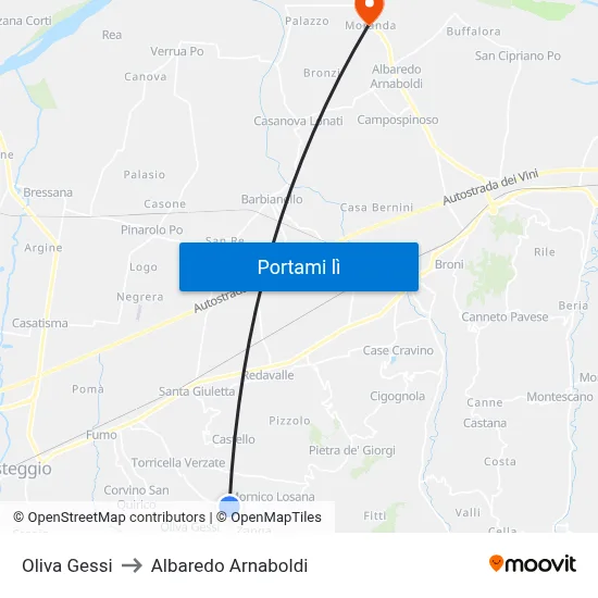 Oliva Gessi to Albaredo Arnaboldi map