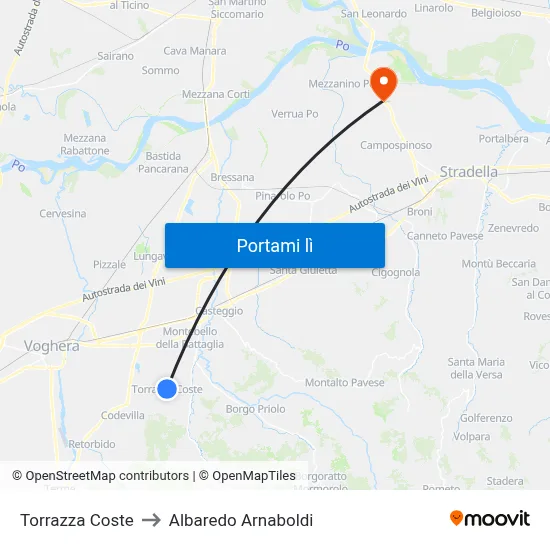 Torrazza Coste to Albaredo Arnaboldi map