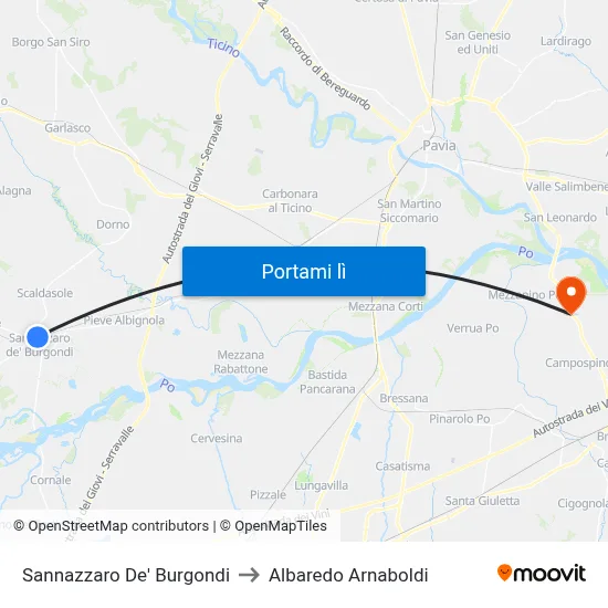 Sannazzaro De' Burgondi to Albaredo Arnaboldi map